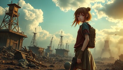 A young traveler wanders through the post-apocalyptic wastelands. In the background, the ruins of iconic structures symbolize the 