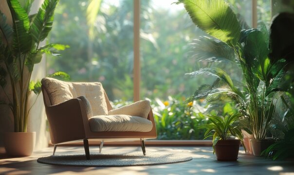 Bright indoor space with a comfortable armchair, a small potted plant, and large windows revealing a garden view.