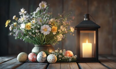 Rustic wooden table decorated with a fresh floral centerpiece, Easter eggs, and a candlelit lantern.