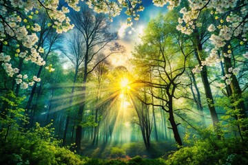 Obraz premium Sunlit Spring Forest Double Exposure: Mystical Dawn in Woods