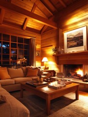 Cozy living room in a log cabin with a fireplace