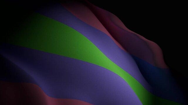 A closeup, spotlight-lit realistic 3D animation of a waving Trigender Pride flag, highlighting its vibrant colors and smooth, flowing motion