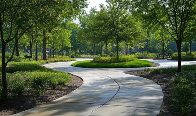 Obraz premium In a business and residential district, a landscaped public park includes a concrete interlocking paved sidewalk that forks into a Y shape