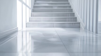 Obraz premium Modern white marble staircase in a bright hallway. Sunlight streams in