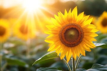 Obraz premium Sunflower blooms brightly in a field during golden hour creating a stunning natural landscape
