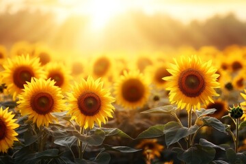 Fototapeta premium Sunflowers bloom under a warm sunset in a vibrant field filled with golden petals