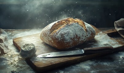 Rustic loaf of freshly baked bread on a wooden cutting board with a knife, surrounded by scattered flour, evoking artisanal baking traditions