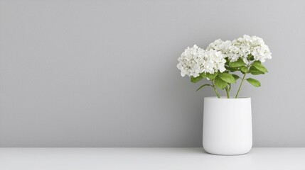 Naklejka premium White hydrangea in a vase on a gray background. Interior still life. Possible use Home decor, interior design