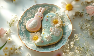 Soft pastel Easter cookies shaped like bunnies and chicks, placed on a ceramic plate with spring flowers.