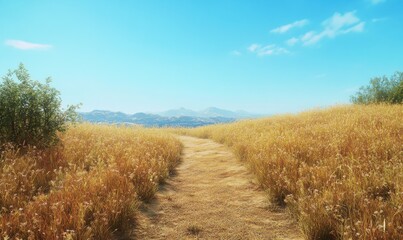 Naklejka premium Scenic landscape with a winding dirt path cutting through a golden meadow under a clear blue sky, evoking a sense of exploration and freedom