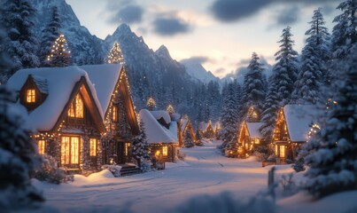 Naklejka premium Scenic winter village with snow-covered rooftops, warm glowing windows, and a peaceful alpine backdrop
