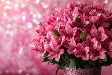 Beautiful bouquet of pink flowers on a sparkling pink background creates a festive and cheerful atmosphere