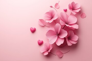 Fototapeta premium Pink flowers and hearts arranged on a soft pink background for a romantic occasion or celebration