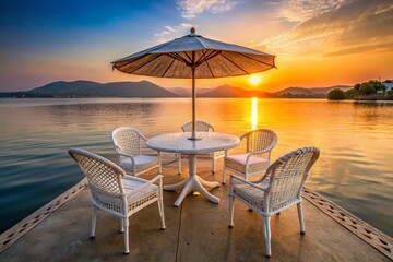 Sunrise Udaipur Lake Cafe: White Rattan Table & Chairs Under Umbrella