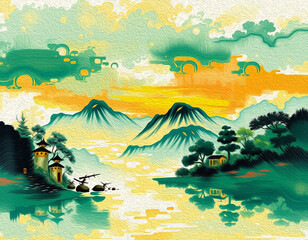 Obraz premium Mountains . Oriental pattern. Oil painting. Pattern for printing on wall decorations, covers, leaflets, business cards