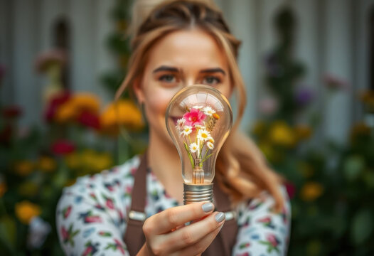 Florista de expresi&oacute;n c&aacute;lida sostiene una bombilla incandescente en cuyo interior florecen peque&ntilde;as flores que representan la naturaleza y la belleza
