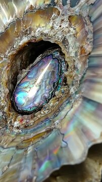 Unique abalone shell with iridescent interior found on a beach during low tide