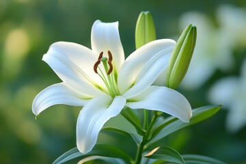 Fototapeta premium Beautiful white lily blooms in a tranquil garden setting under soft sunlight