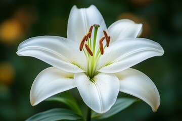 Beautiful white lily blooms in a lush garden showcasing its delicate petals and vibrant stamen during the summer afternoon