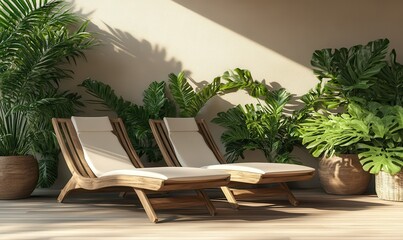 Obraz premium Bright outdoor patio with wooden lounge chairs, minimalist design and vibrant potted plants creating a relaxing vibe.