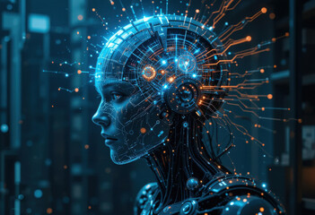 Ciborg futurista cuya cabeza se rompe en brillantes flujos de datos y circuitos holográficos.

