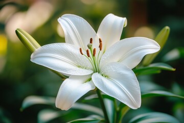 Fototapeta premium Beautiful white lily blooming in a lush garden during daylight hours
