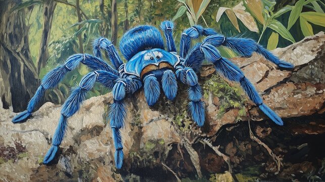 Close-up of a rare blue tarantula spider crawling across a stone in its natural habitat.