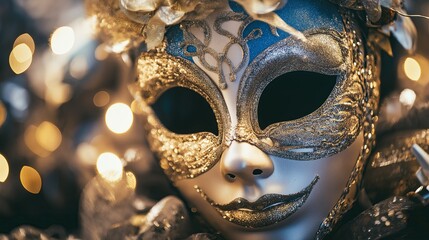 Close-up of a decorative Venetian mask with gold details, feathers, and intricate artistry.
