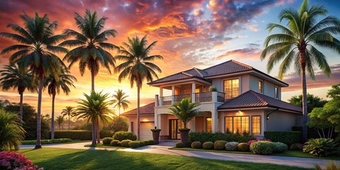 Fototapeta premium Sunset Palm Trees Two-Story House Stock Photo - Idyllic Coastal Home