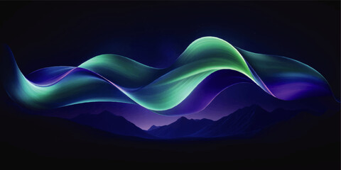 Vibrant Northern Lights Vector Art Over Majestic Mountains at Night with Abstract Wavy Design in Blue Green Purple Color Palette for Digital Backgrounds