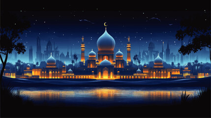Majestic Nighttime Arabian Palace Vector - Illuminated Architecture with Minarets, Crescent Moon, and Palms Reflected in Calm Waters for Digital Art Lovers