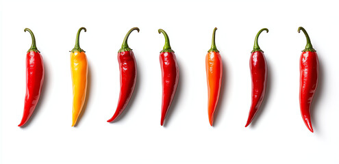 row of vibrant chili peppers, including red, yellow, and orange, arranged on white background, showcasing their glossy texture and varied colors