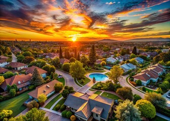 Obraz premium Sunset Suburban Homes Aerial View: Lush Backyards & Landscaping