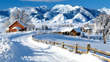 Snowy mountain valley road, winter farmhouses