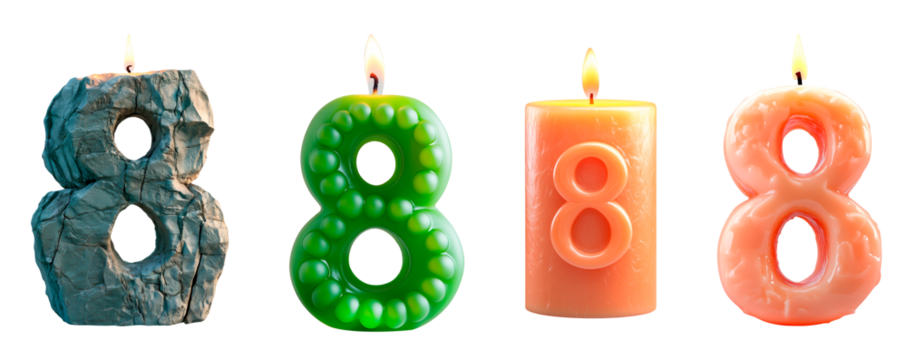 Set of number eight-shaped candles with unique designs, isolated on a transparent background. Features stone texture, green bubble design, cylindrical wax candle. - Powered by Adobe