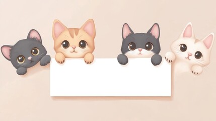 Obraz premium Adorable kittens peeking over blank sign, pastel background, ideal for announcements