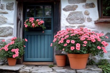 Charming entrance with vibrant pink flowers in decorative pots against a stone wall backdrop