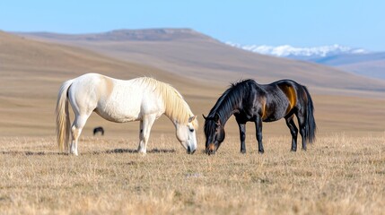 Obraz premium Two horses grazing in a dry, grassy plain, mountains in the background. Possible use Nature photography