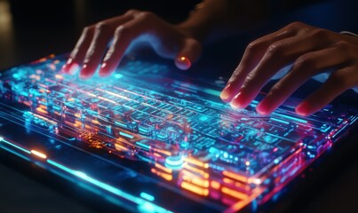 Obraz premium Close-up of hands typing on a glowing futuristic keyboard, vibrant neon reflections highlighting the advanced tech concept, dynamic and clean design