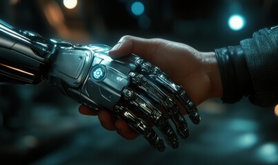 Close-up of a futuristic robotic hand shaking hands with a human hand, soft glowing light creating a high-tech atmosphere, sharp and detailed metallic textures