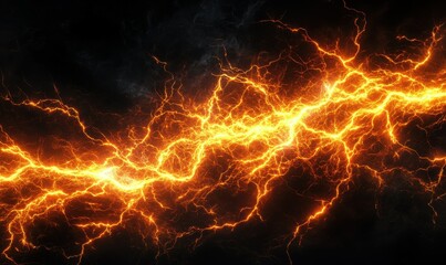 Intricate orange electric surge captured mid-flow, glowing intensely against a moody black backdrop, exuding raw energy.
