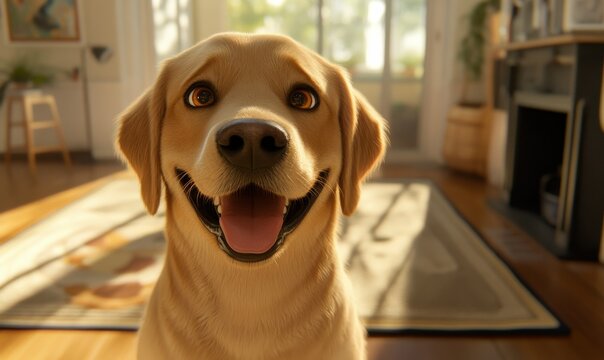 Close-up of a golden Labrador with a playful expression, captured in soft afternoon light, evoking joy and warmth in a home settin