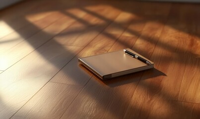 Minimalist notebook with a sleek pen placed diagonally across a polished wooden surface, lit by natural light streaming through a nearby window.