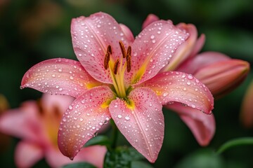 Fototapeta premium Beautiful pink lily blooms with water droplets in a lush garden during springtime