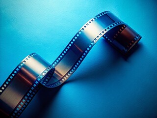 Surreal Blue Background with Long Retro Filmstrip Roll - Blank Negative Cinema Frames