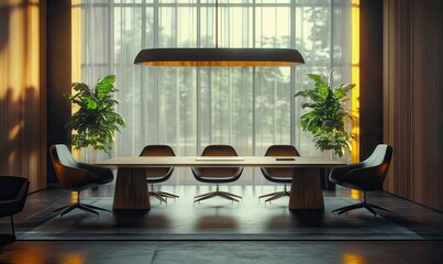 Elegant boardroom with sleek wooden tables and modern chairs bathed in soft natural light, evoking sophistication and collaborative energy.