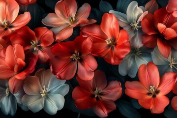 Obraz premium Vibrant red and white flowers create a beautiful display against a dark background in a serene setting