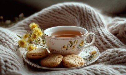 Freshly brewed tea served in a vintage porcelain teacup, accompanied by biscuits and a cozy knit blanket, creating a warm and inviting setting.