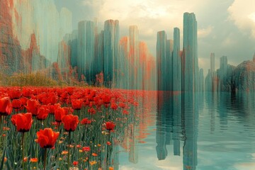Colorful tulip field beside a tranquil lake with towering cliffs in the background at sunset