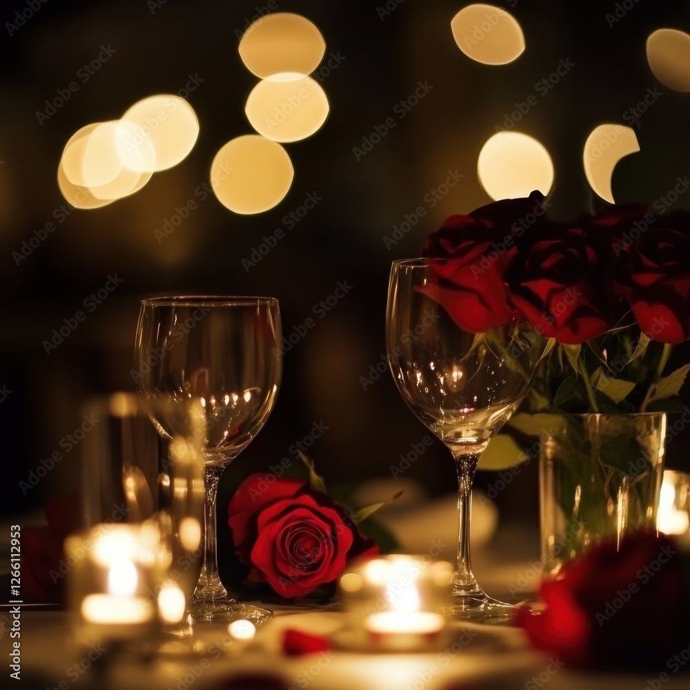 Poster Romantic dinner setting with red roses and candlelight in an elegant atmosphere. Generative AI